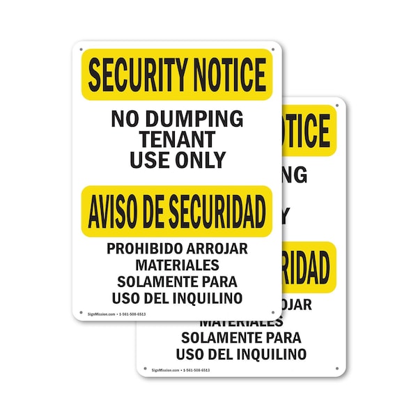 Signmission No Dumping Tenant Only Bilingual OSHA Security Notice Sign, Plastic, 7in W x 10in L, 2PK OS-2PACK-SN-P-710-L-11600 - main
